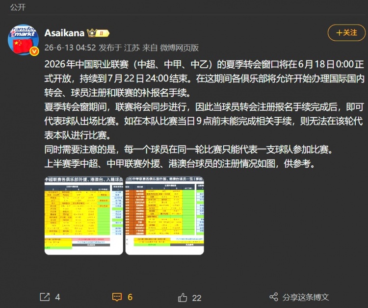 2026中超夏窗6月18日0时开放，即签即战新规确认